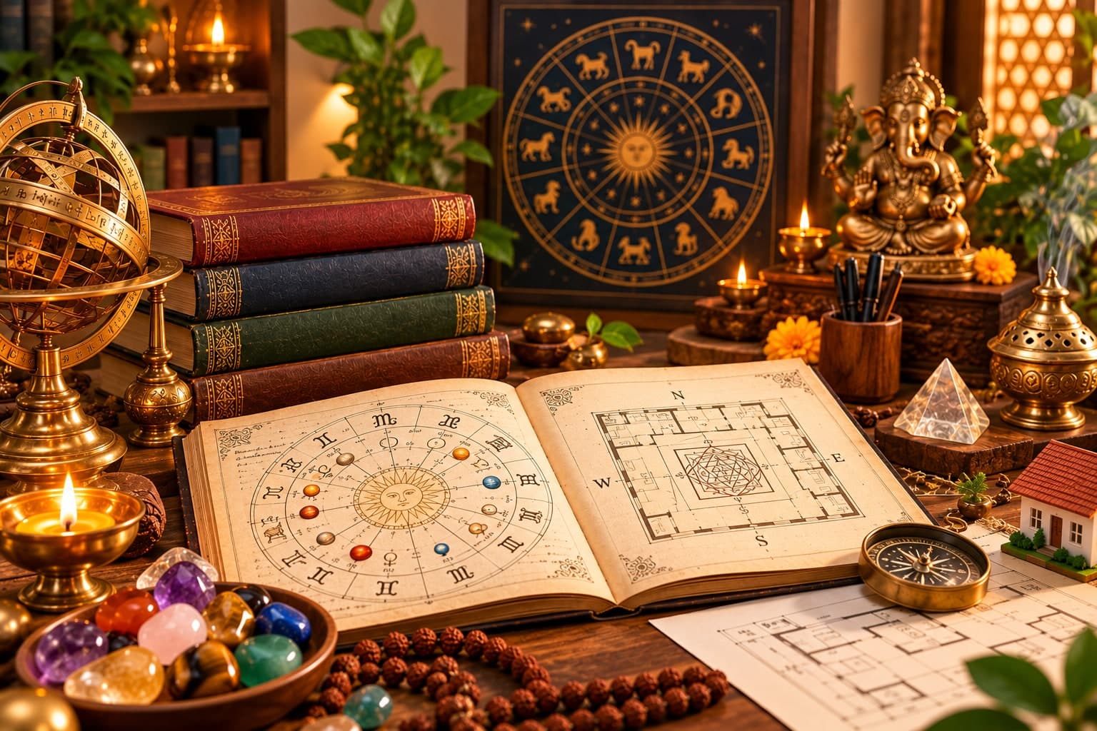 Astrology and Vaastu study desk with zodiac charts, books and a Vaastu floor plan