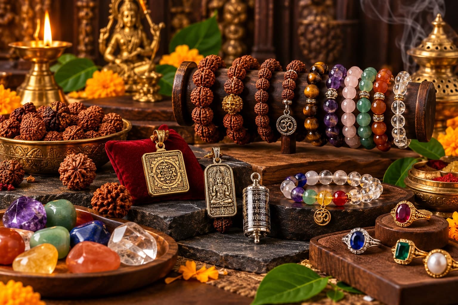 Certified Rudraksha malas, gemstone rings, crystals and yantra pendants